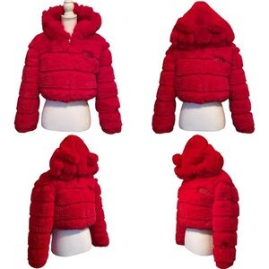 Forever 21 x Disney Mickey Mouse Faux Fur Cropped Red Hooded Puffer Jacket Small